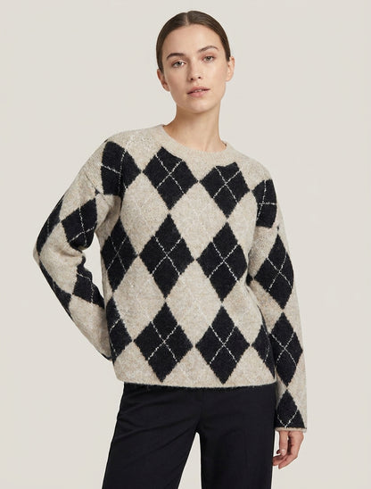 Pull ample en laine mélangée à motif losanges - Beige