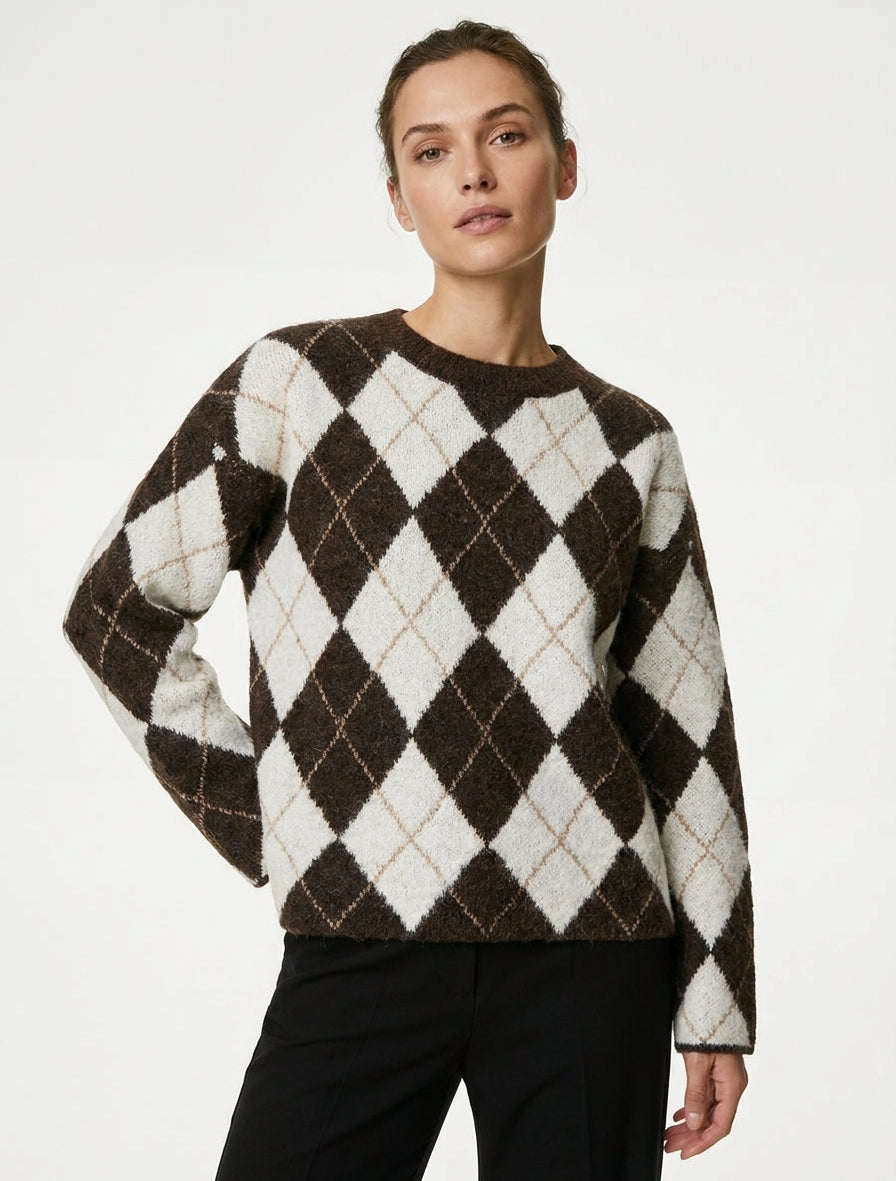 Pull ample en laine mélangée à motif losanges - Marron