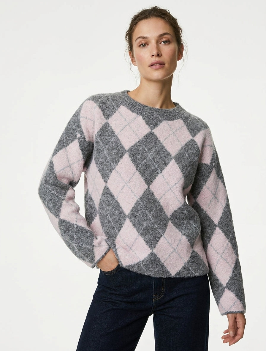 Pull ample en laine mélangée à motif losanges - Gris