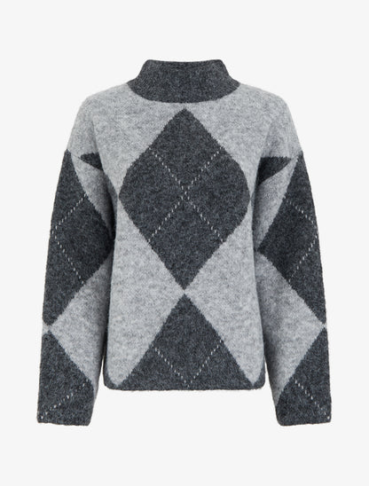 Pull en laine mélangée à motif losanges - Gris - 1