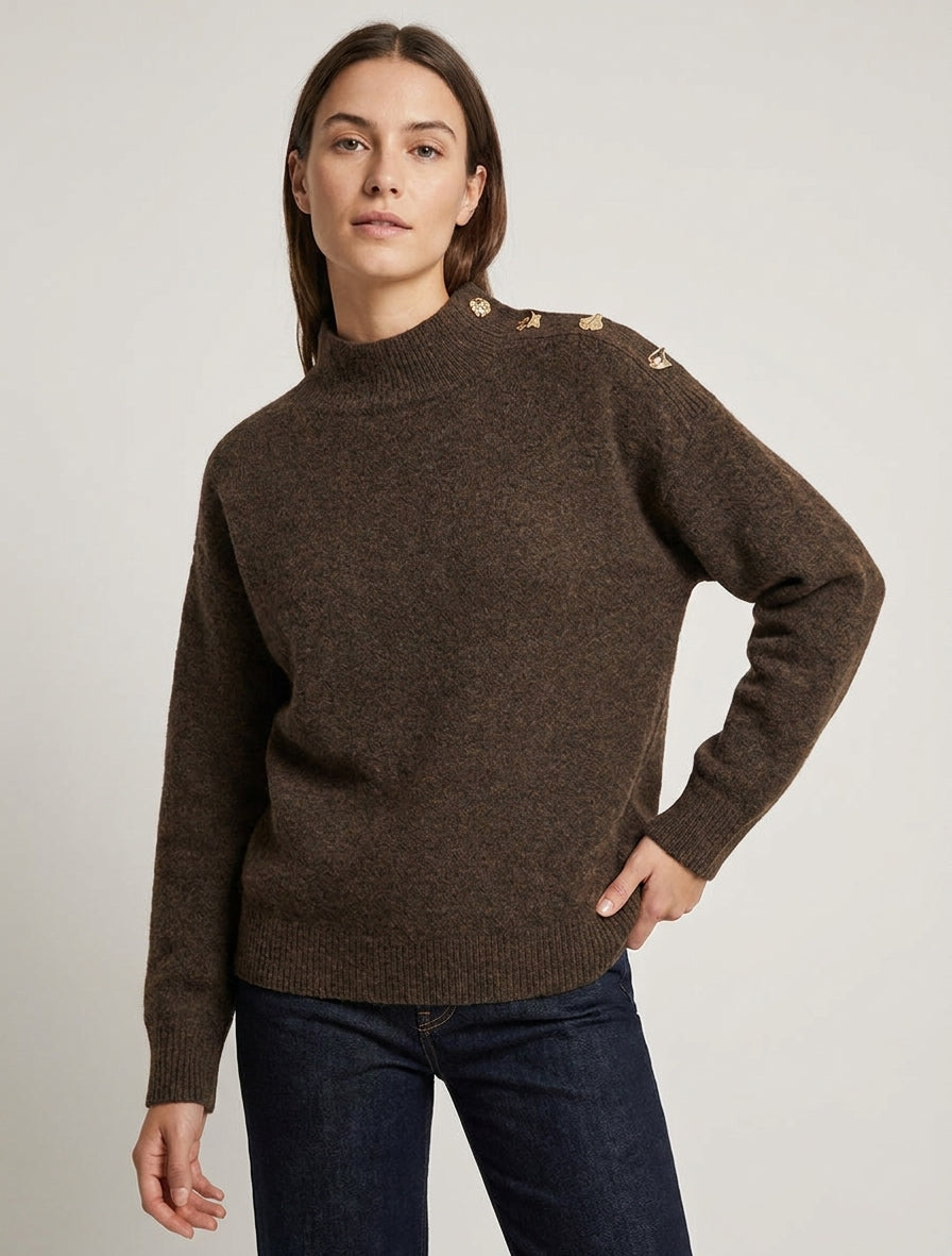 Pull en laine mélangée à boutons fantaisies - Marron
