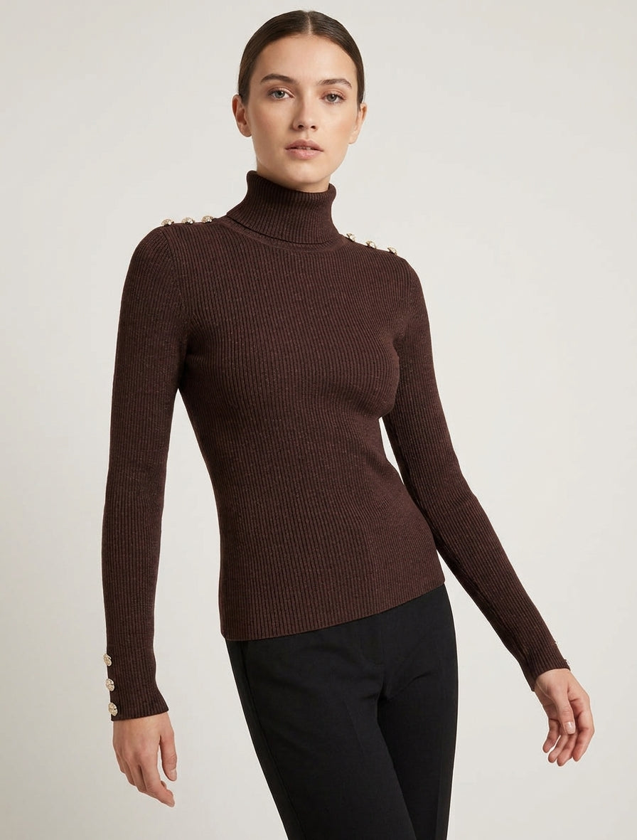 Pull en maille côtelée pailleté à col roulé - Marron