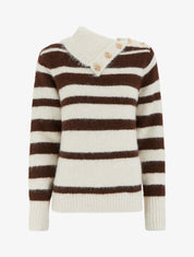 Pull rayé à col châle fantaisie et bouton bijoux - Marron/beige - 1