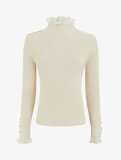 Pull côtelé et pailleté à col montant volanté - Beige - 1