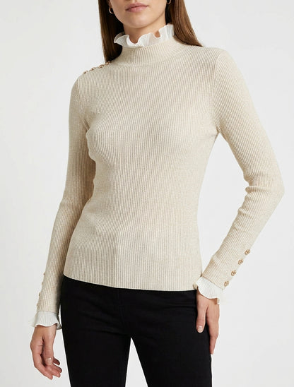 Geribbelde en glinsterende trui met opstaande kraag met ruches - Beige