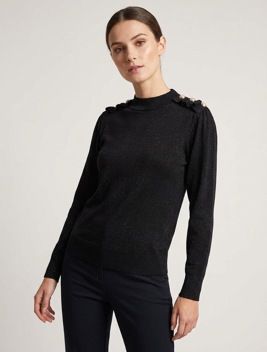 Pull uni pailleté à boutons décoratifs - Noir