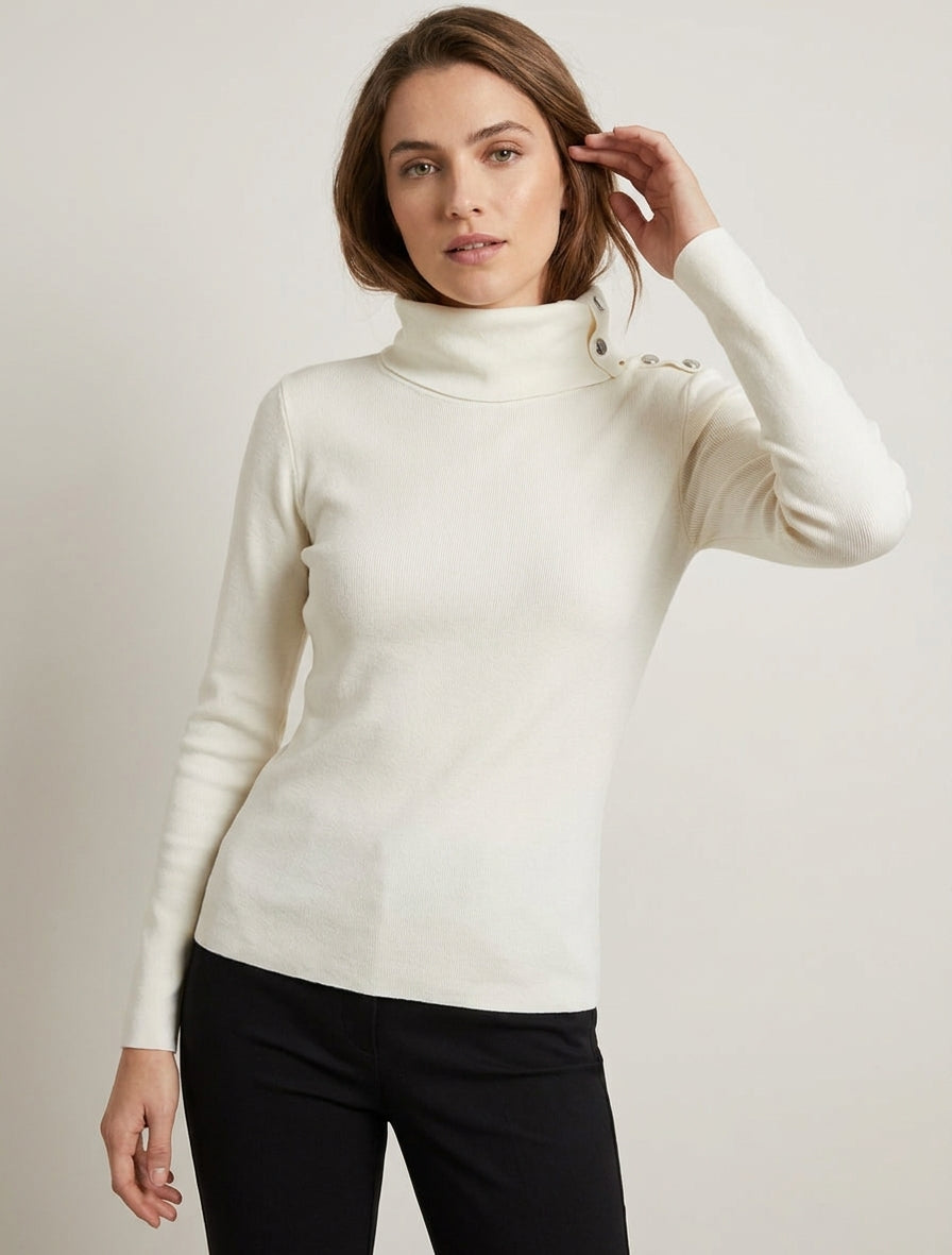 Pull fin côtelé à col roulé boutonné - Crème