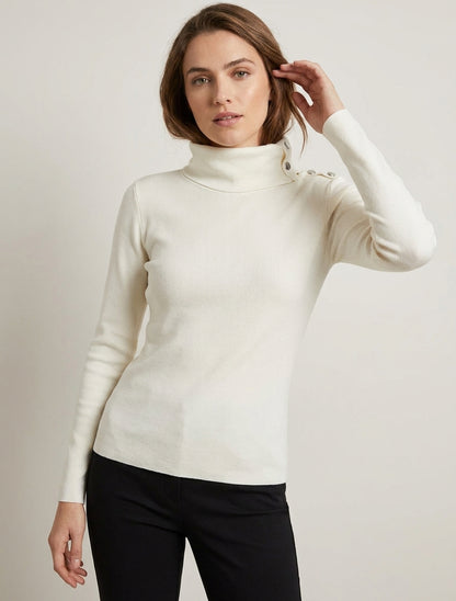 Pull fin côtelé à col roulé boutonné - Crème