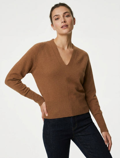 Pull uni à col V - Camel