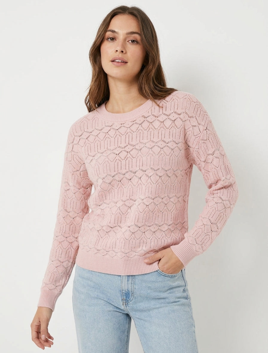Pull uni ajouré à col rond - Rose