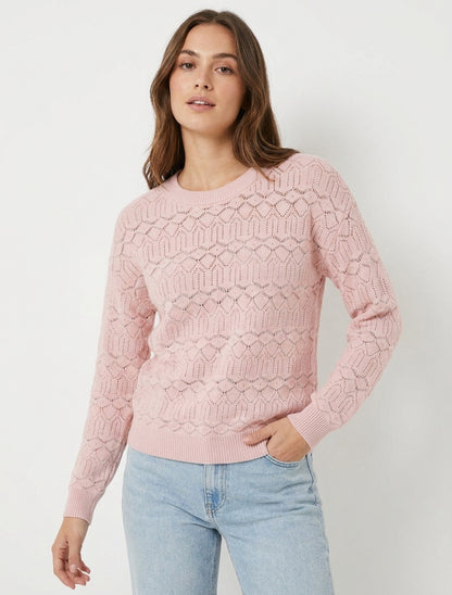Pull uni ajouré à col rond - Rose