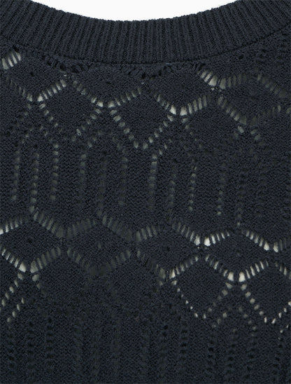 Pull uni ajouré à col rond - Bleu nuit - 3