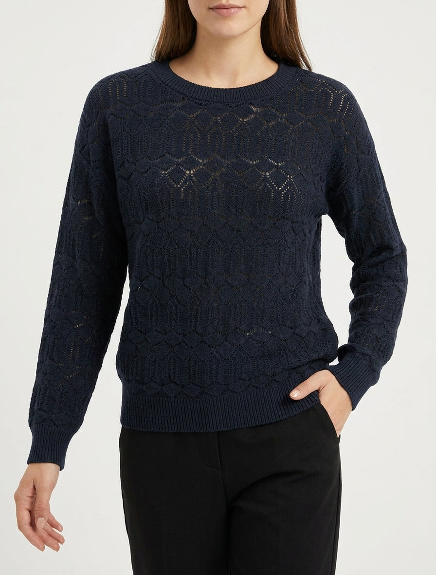 Pull uni ajouré à col rond - Bleu nuit