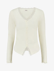 Pull côtelé à fils irisés et dentelle - Blanc - 1