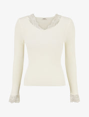 Pull côtelé à col en dentelle - Crème - 1