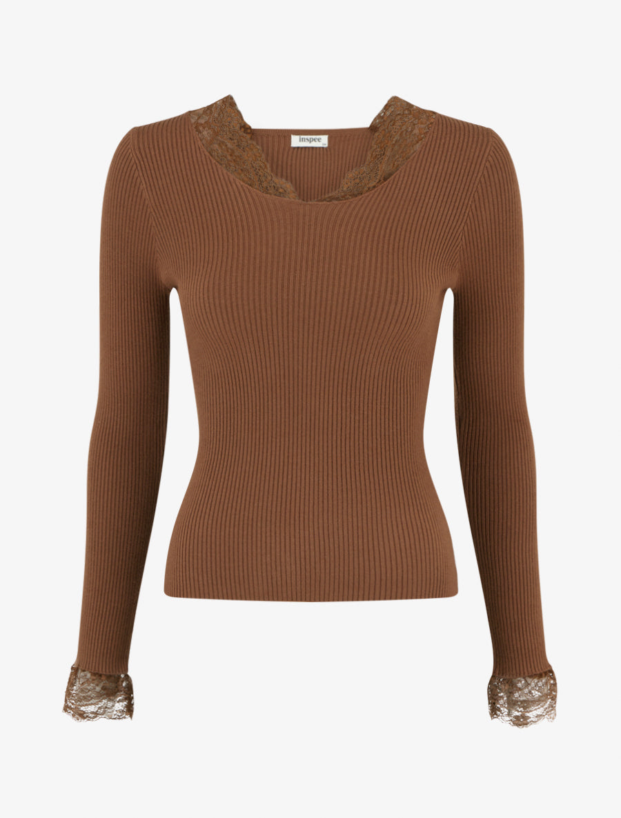 Pull côtelé à col en dentelle - Camel - 1