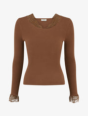 Pull côtelé à col en dentelle - Camel - 1