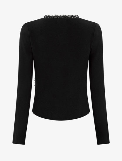 Pull côtelé asymétrique à détail dentelle - Noir - 2