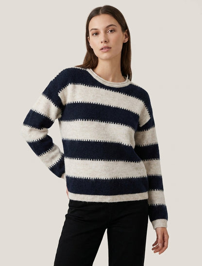 Pull droit à col rond et rayures stylisées - Marine