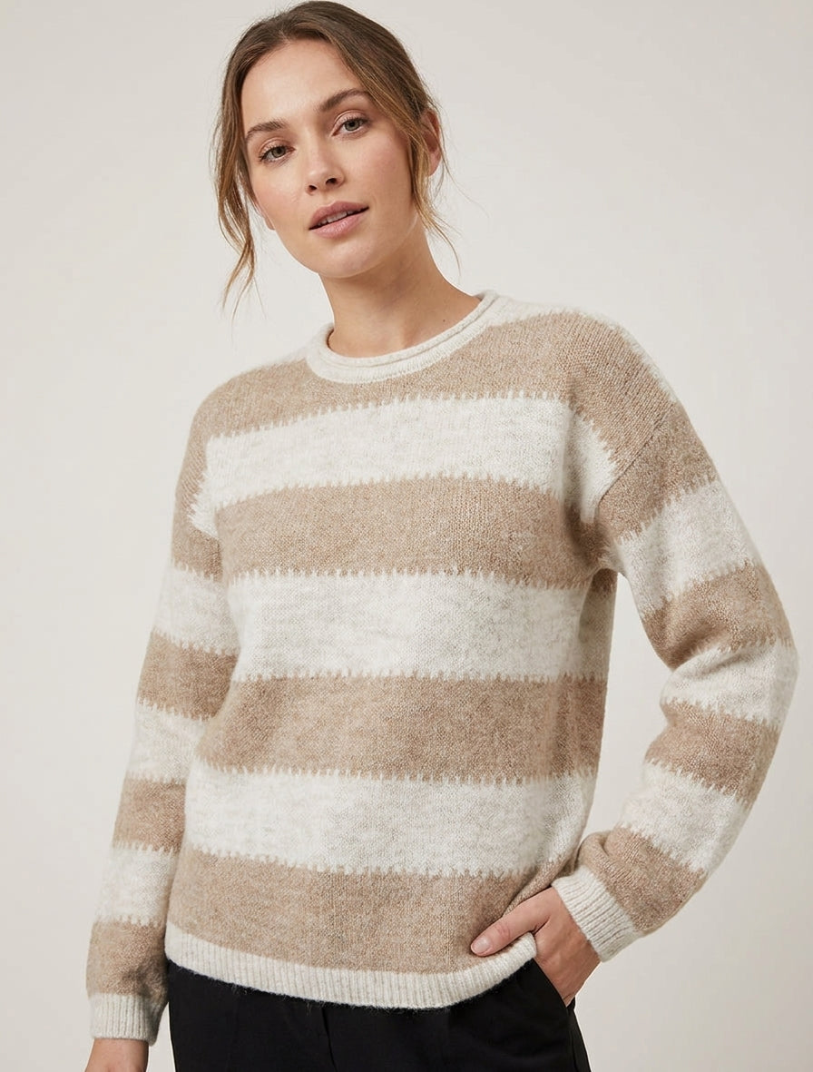 Pull droit à col rond et rayures stylisées - Taupe