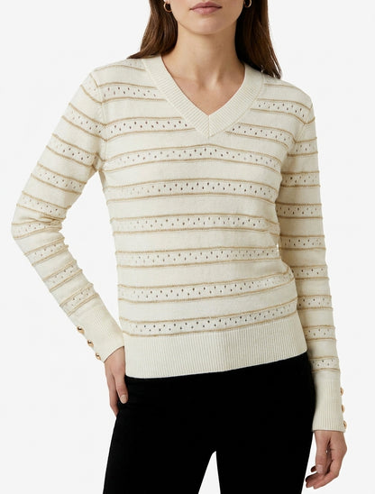 Pull droit à col V et rayures irisées - Écru