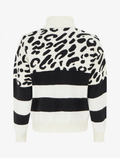 Pull imprimé léopard et rayé à col roulé - Crème - 2