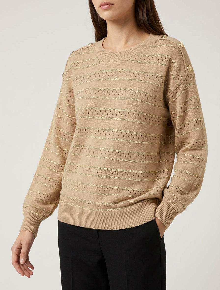 Pull à rayures irisées et boutons décoratifs - Camel clair