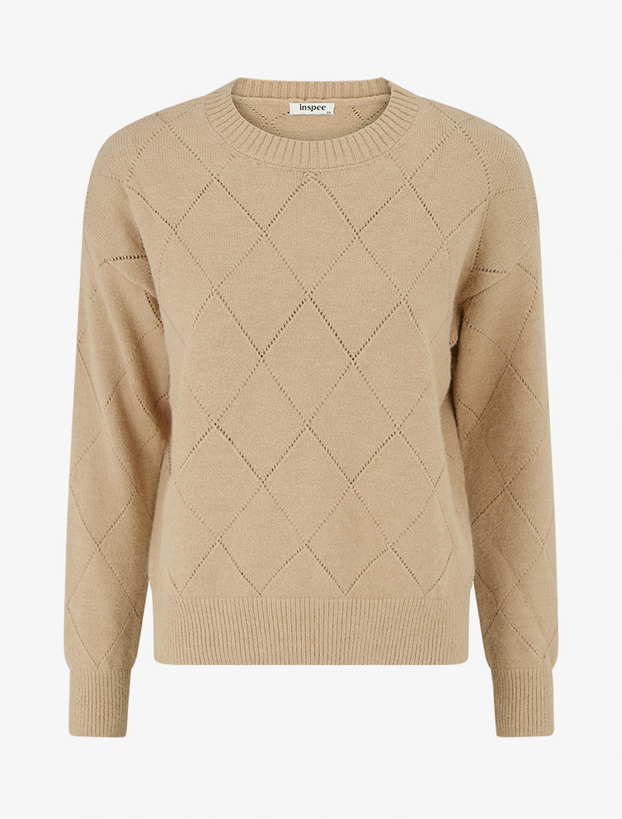 Pull uni en maille à col rond - Camel clair - 1