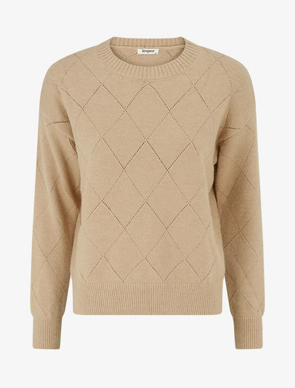 Pull uni en maille à col rond - Camel clair - 1
