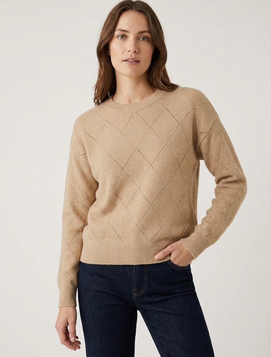 Pull uni en maille à col rond - Camel clair