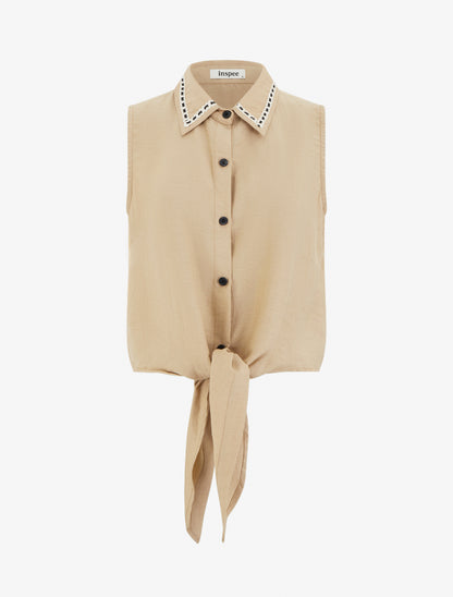 Chemise courte boutonnée à nouer - Taupe - 1