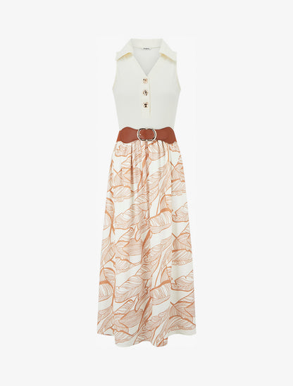 Robe longue à boutons fantaisies et imprimé feuilles - Camel - 1