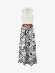 Robe longue à boutons fantaisies et imprimé feuilles - Marine - 1