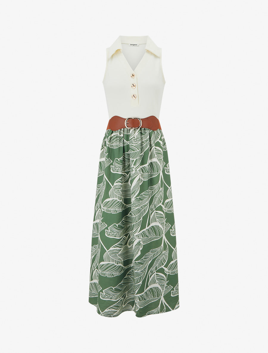 Robe longue à boutons fantaisies et imprimé feuilles - Vert - 1