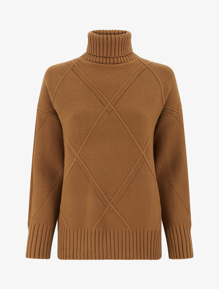 Pull ample à col roulé en maille quadrillée - Camel - 1