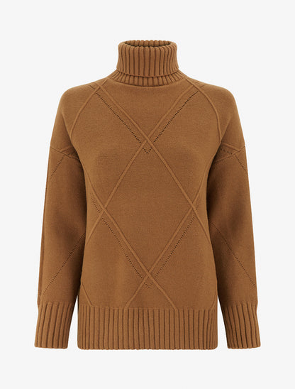 Pull ample à col roulé en maille quadrillée - Camel - 1