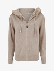 Sweat fin à capuche à fourrure et zip - Taupe - 1
