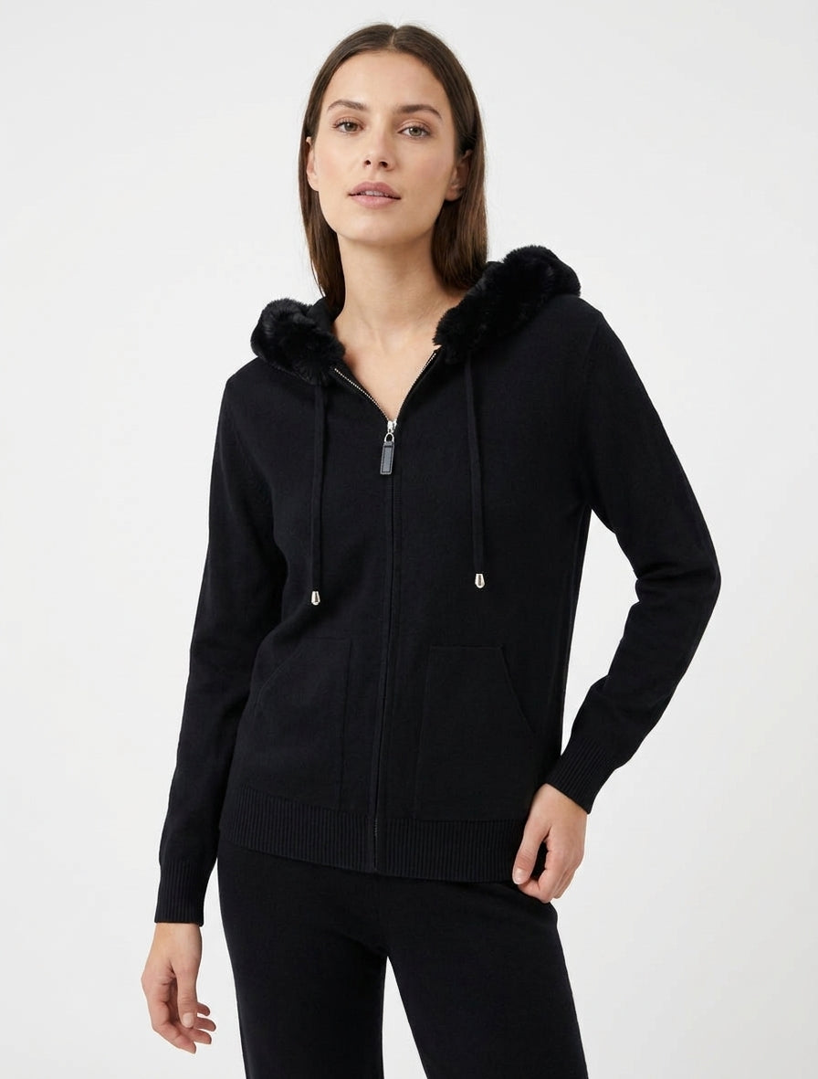 Fijne hoodie met bont en rits. - Zwart