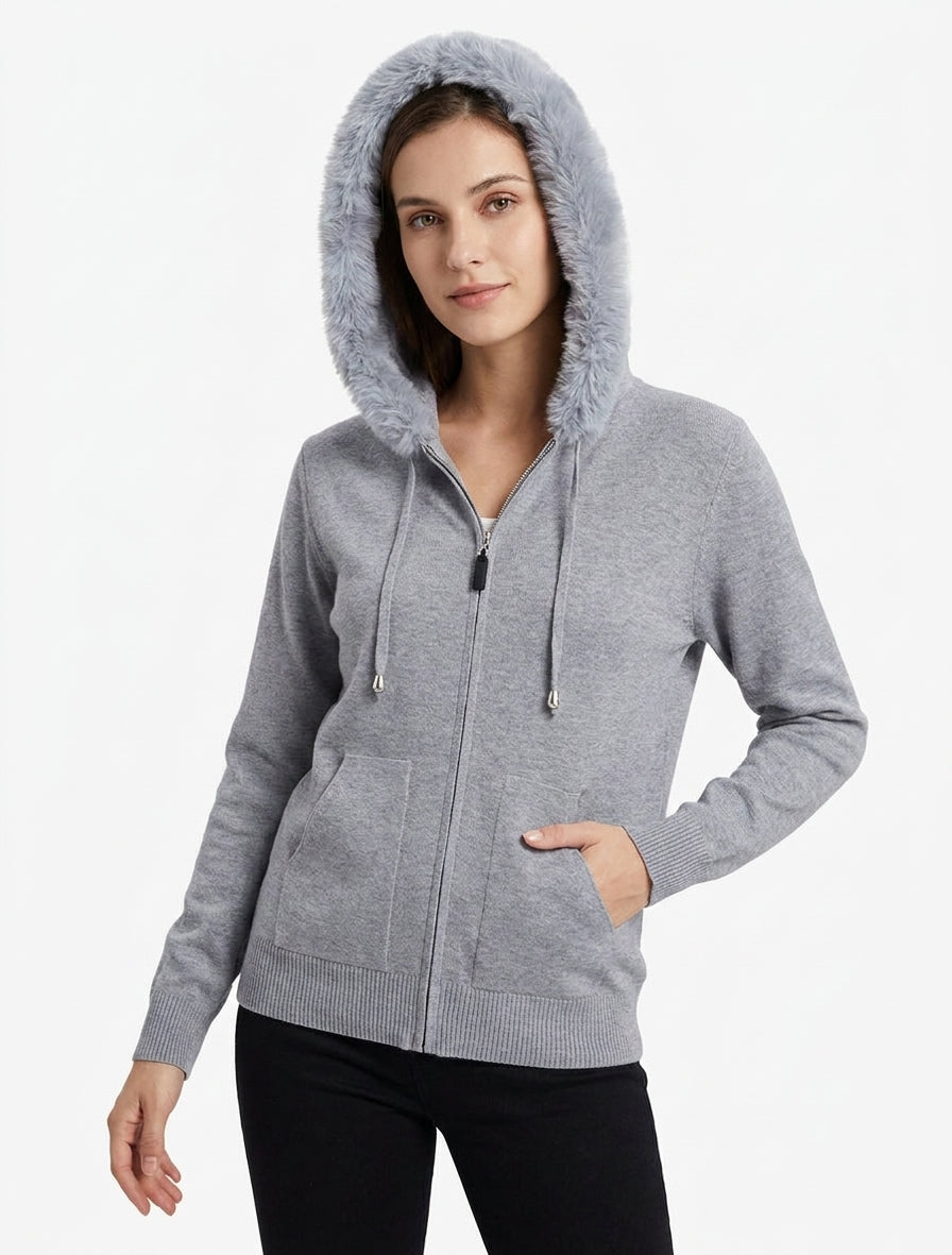 Sweat fin à capuche à fourrure et zip - Gris