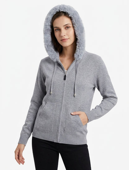 Sweat fin à capuche à fourrure et zip - Gris