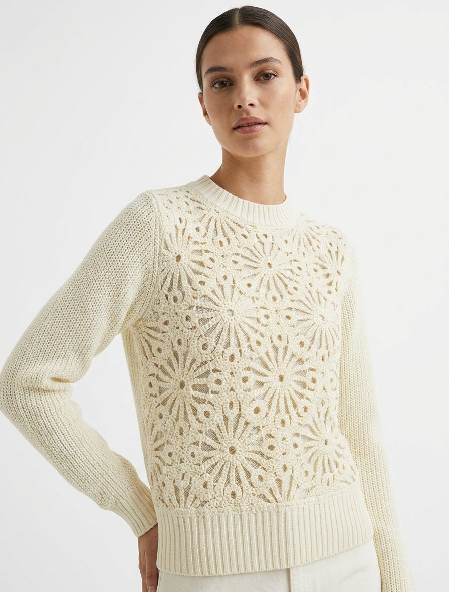 Pull en coton à macramé style floral - Écru
