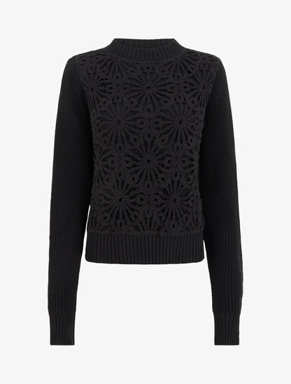 Pull en coton à macramé style floral - Noir - 1