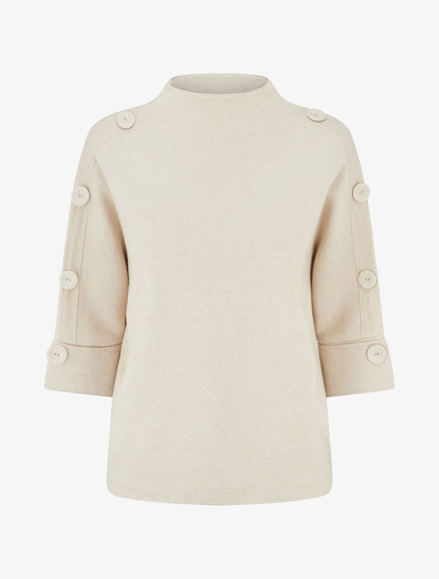 Pull à manches 3/4 à boutons et col montant - Beige - 1
