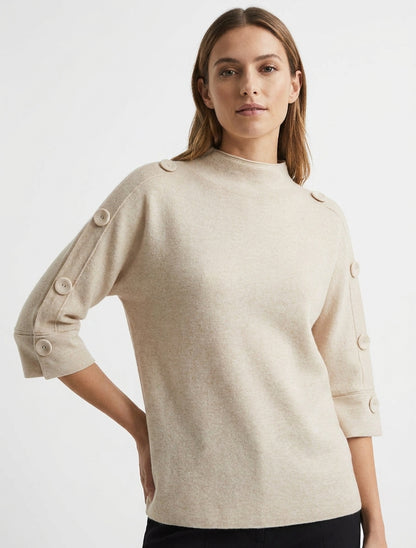 Pull à manches 3/4 à boutons et col montant - Beige