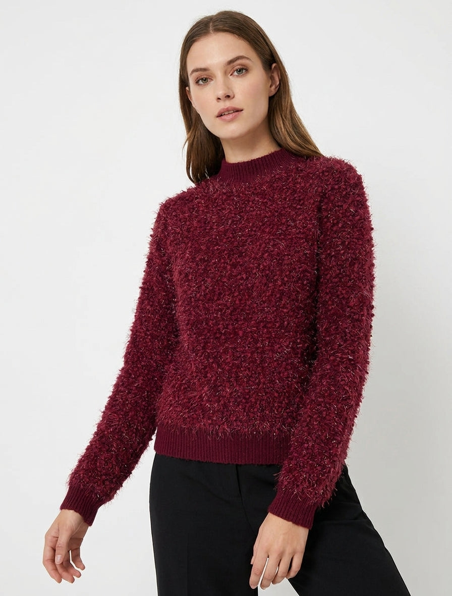 Pull droit en maille duveteuse irisée - Lie de vin