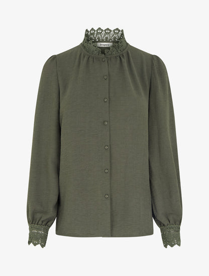 Blouse fluide col mao en dentelle - Kaki - 1