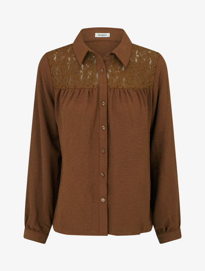 Chemise fluide empiècement dentelle - Camel foncé - 1