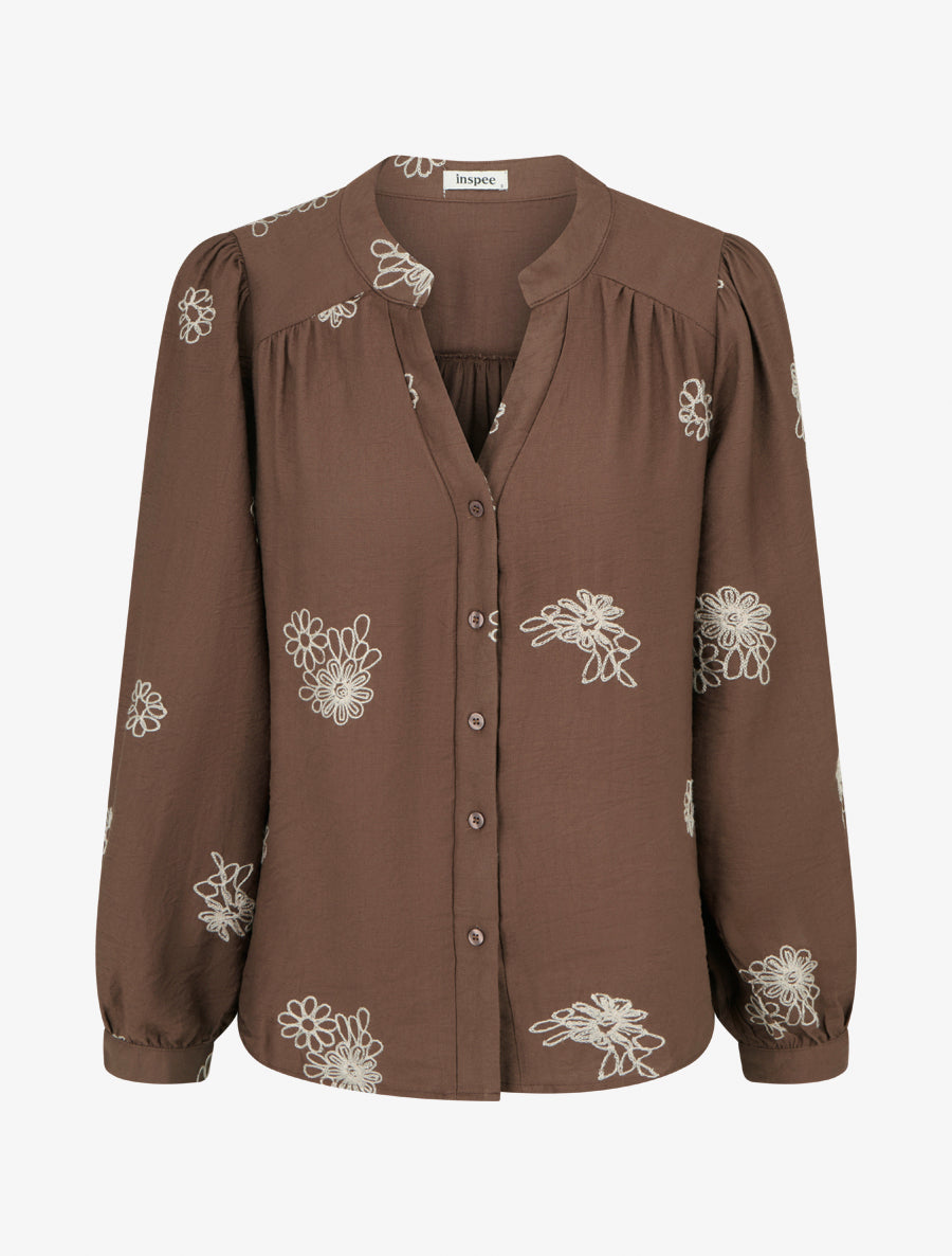 Blouse fluide à broderies florales - Marron - 1