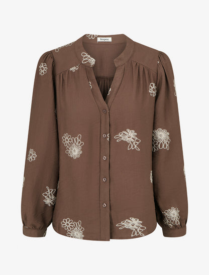 Blouse fluide à broderies florales - Marron - 1