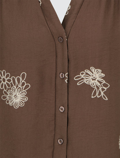 Blouse fluide à broderies florales - Marron - 3